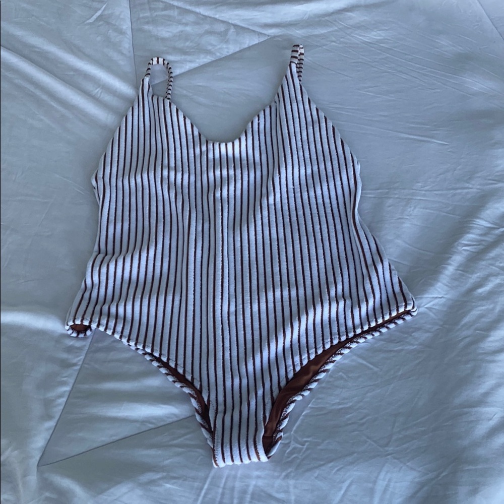 Aerie Brown & White Stripe Terrycloth one piece XL Long